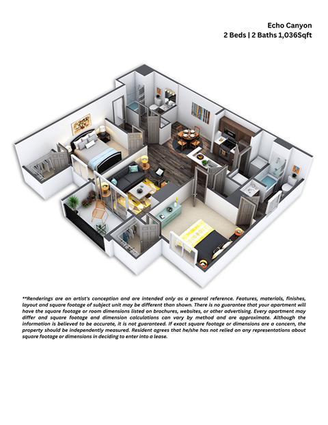 Floor plan for 2 beds, 2 baths, 1036 sqft